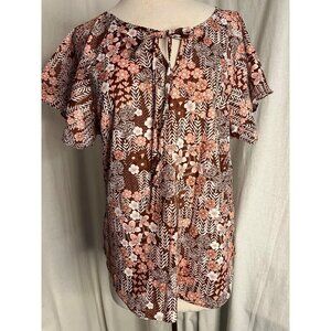 NWT La mode women blouse large brown pink floral tie front round necko